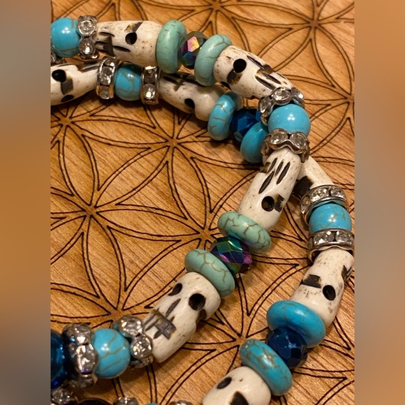 Handmade, carved bone skulls & turquoise, sacred geometry matching bracelet set - Picture 2 of 5